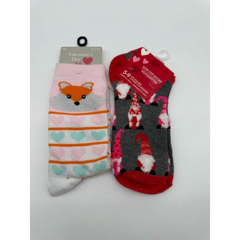 women's low-cut socks featuring a fox pattern and a gnome pattern.